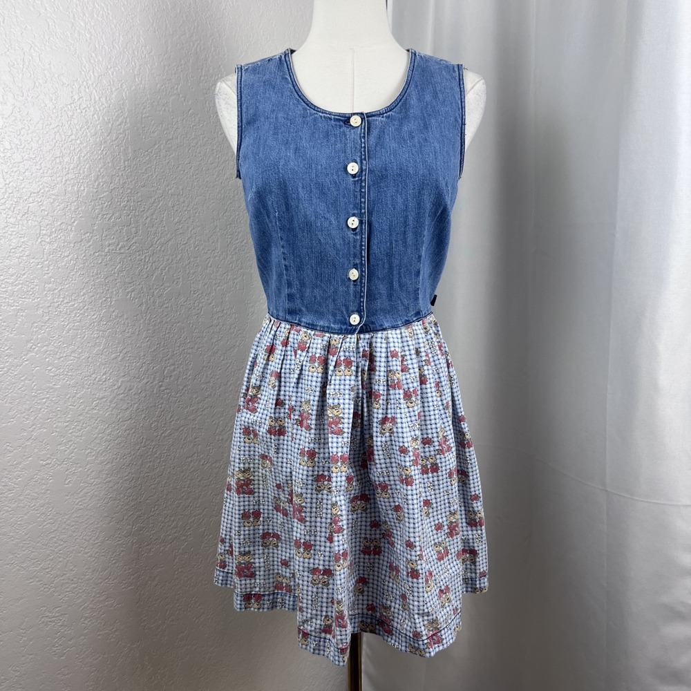 Vintage Y2K Guess Mini Dress Juniors 5 Denim Floral Prairie Cottagecore Retro